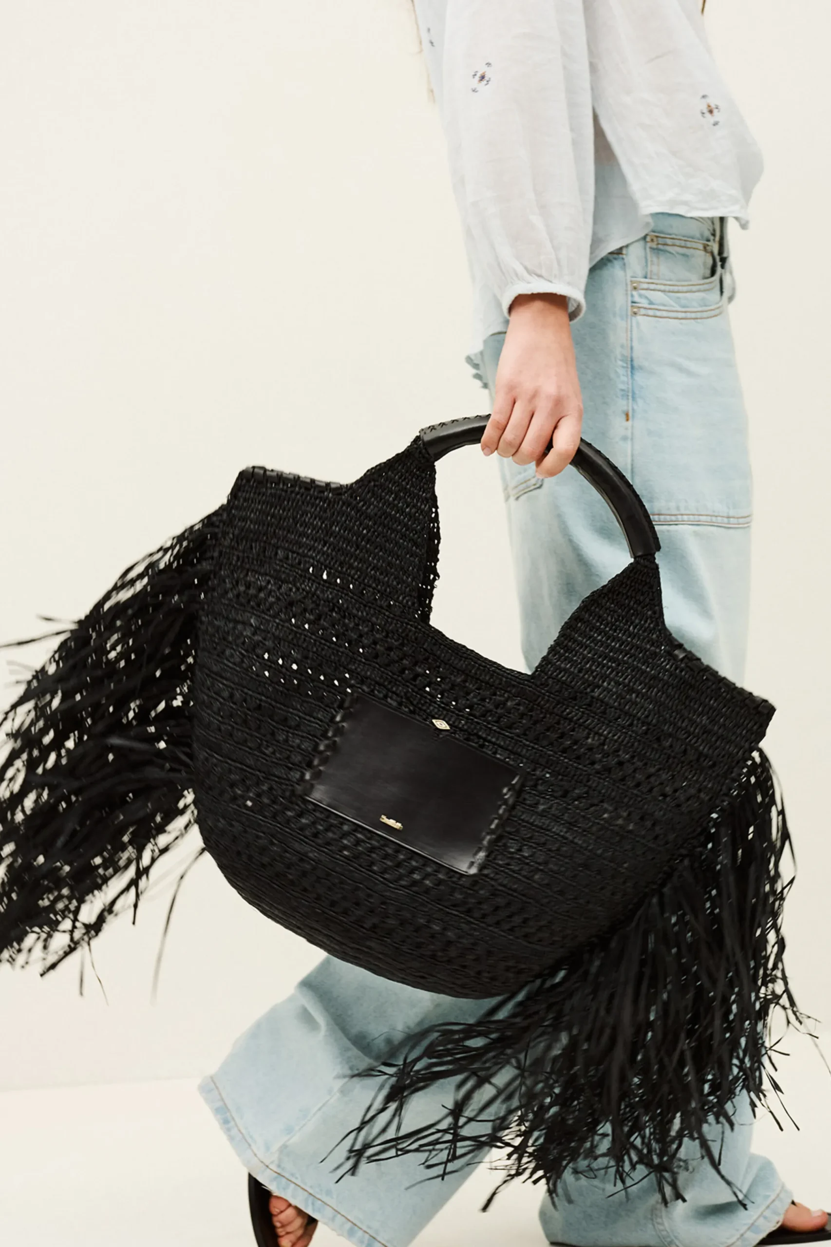 ARA fringed raffia straw bag